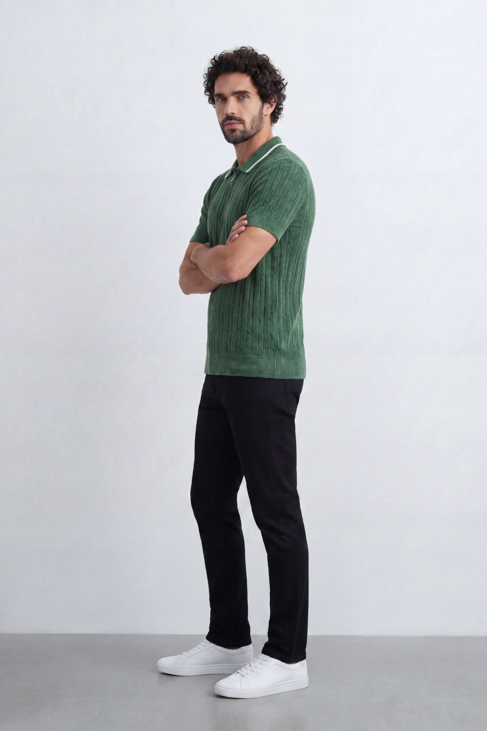 Men’s Tomato Store Grove Rib Zip Polo Neck T-Shirt Vertical Raised Rib Texture Defines The Body Half Zip Detail Contrast Edge Trim