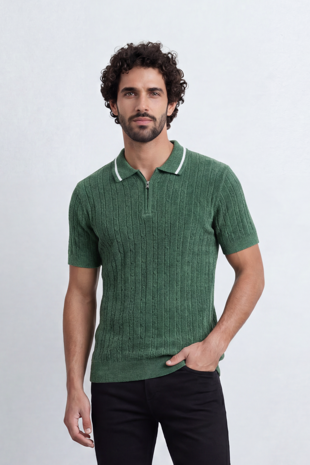 Men’s Tomato Store Grove Rib Zip Polo Neck T-Shirt Vertical Raised Rib Texture Defines The Body Half Zip Detail Contrast Edge Trim