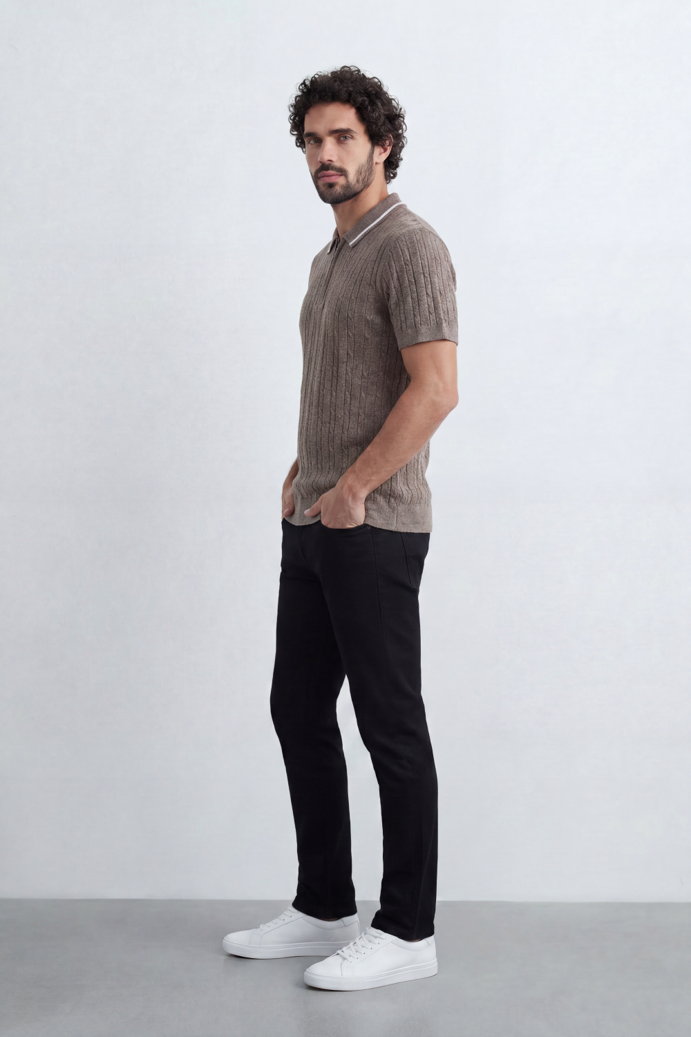 Men’s Tomato Store Grove Rib Zip Polo Neck T-Shirt Vertical Raised Rib Texture Defines The Body Half Zip Detail Contrast Edge Trim