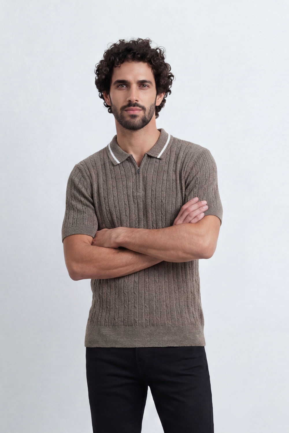 Men’s Tomato Store Grove Rib Zip Polo Neck T-Shirt Vertical Raised Rib Texture Defines The Body Half Zip Detail Contrast Edge Trim