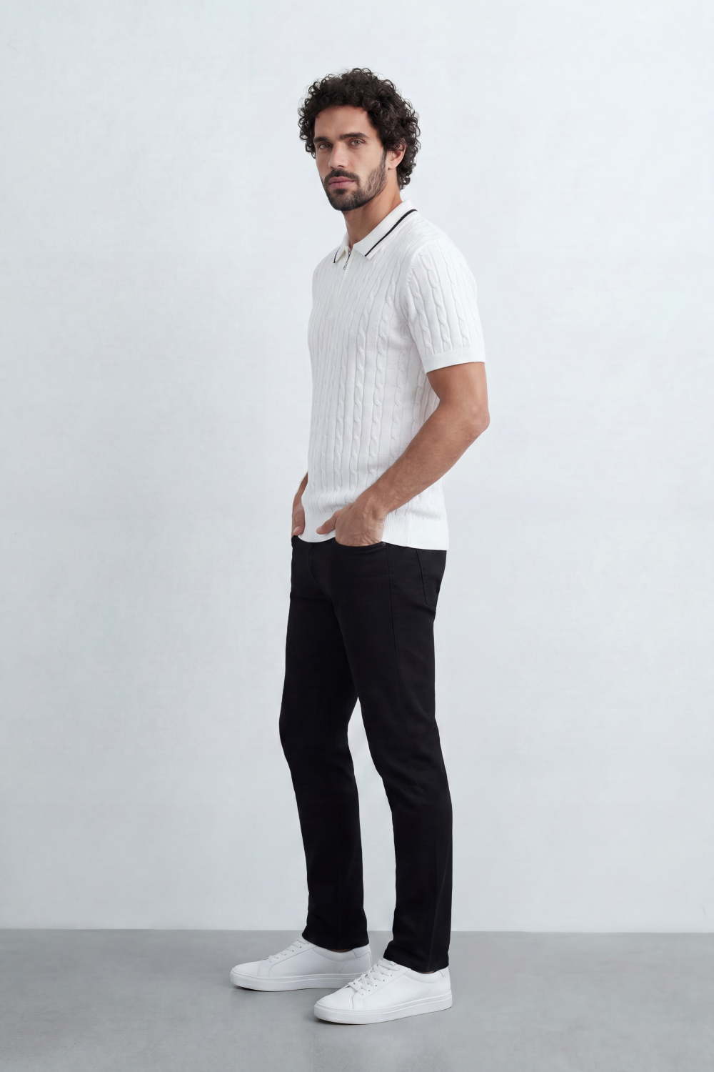 Men’s Tomato Store Grove Rib Zip Polo Neck T-Shirt Vertical Raised Rib Texture Defines The Body Half Zip Detail Contrast Edge Trim