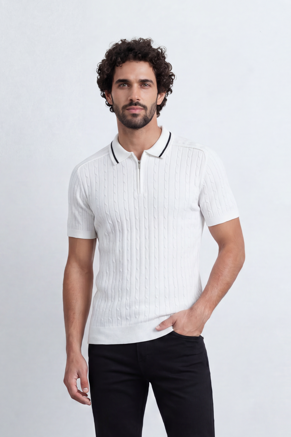 Men’s Tomato Store Grove Rib Zip Polo Neck T-Shirt Vertical Raised Rib Texture Defines The Body Half Zip Detail Contrast Edge Trim