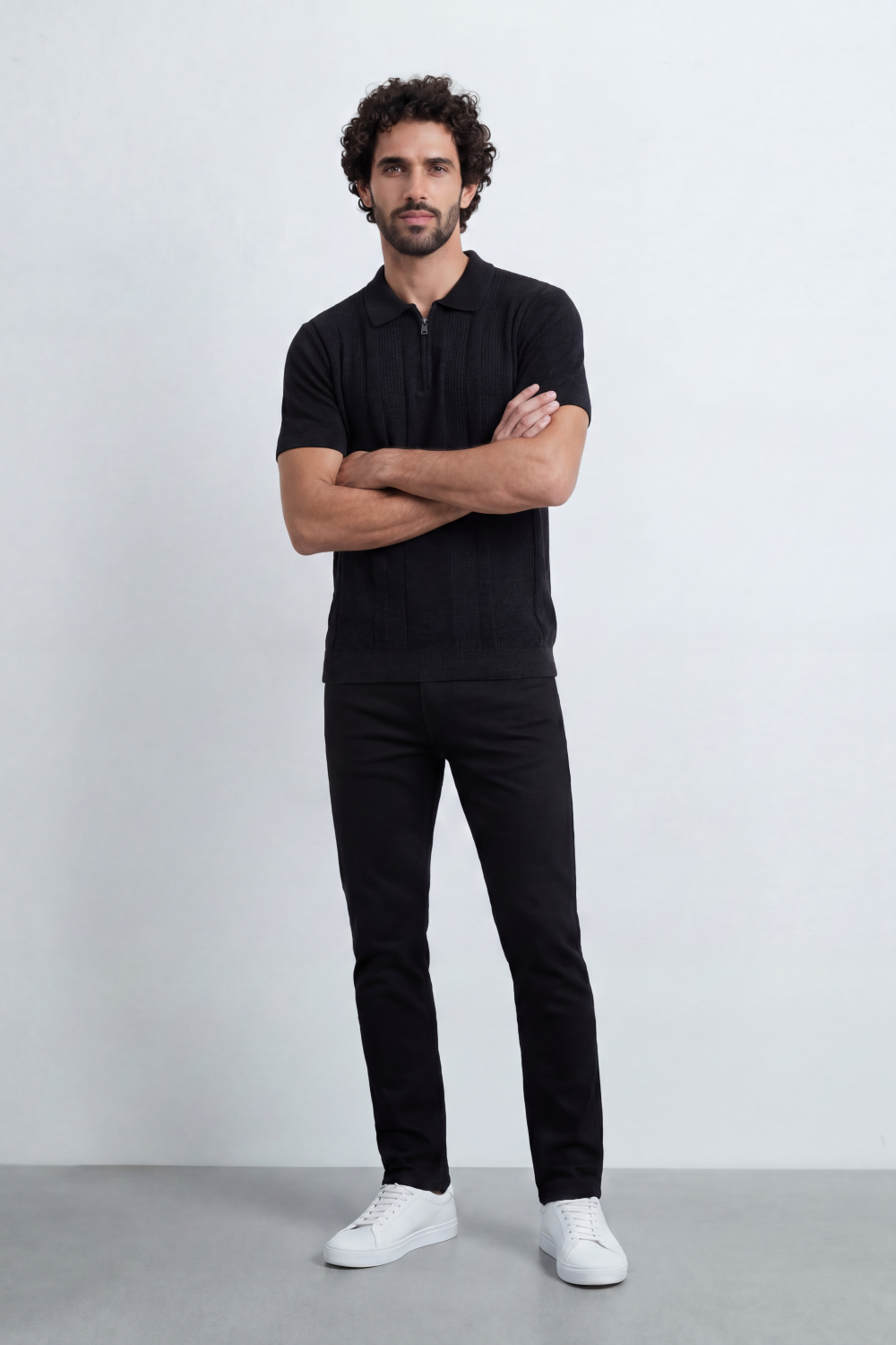 Men’s Tomato Store Ridge Zip Polo Vertical Rib Texture Runs Through The Body Half Zip Placket T-Shirt