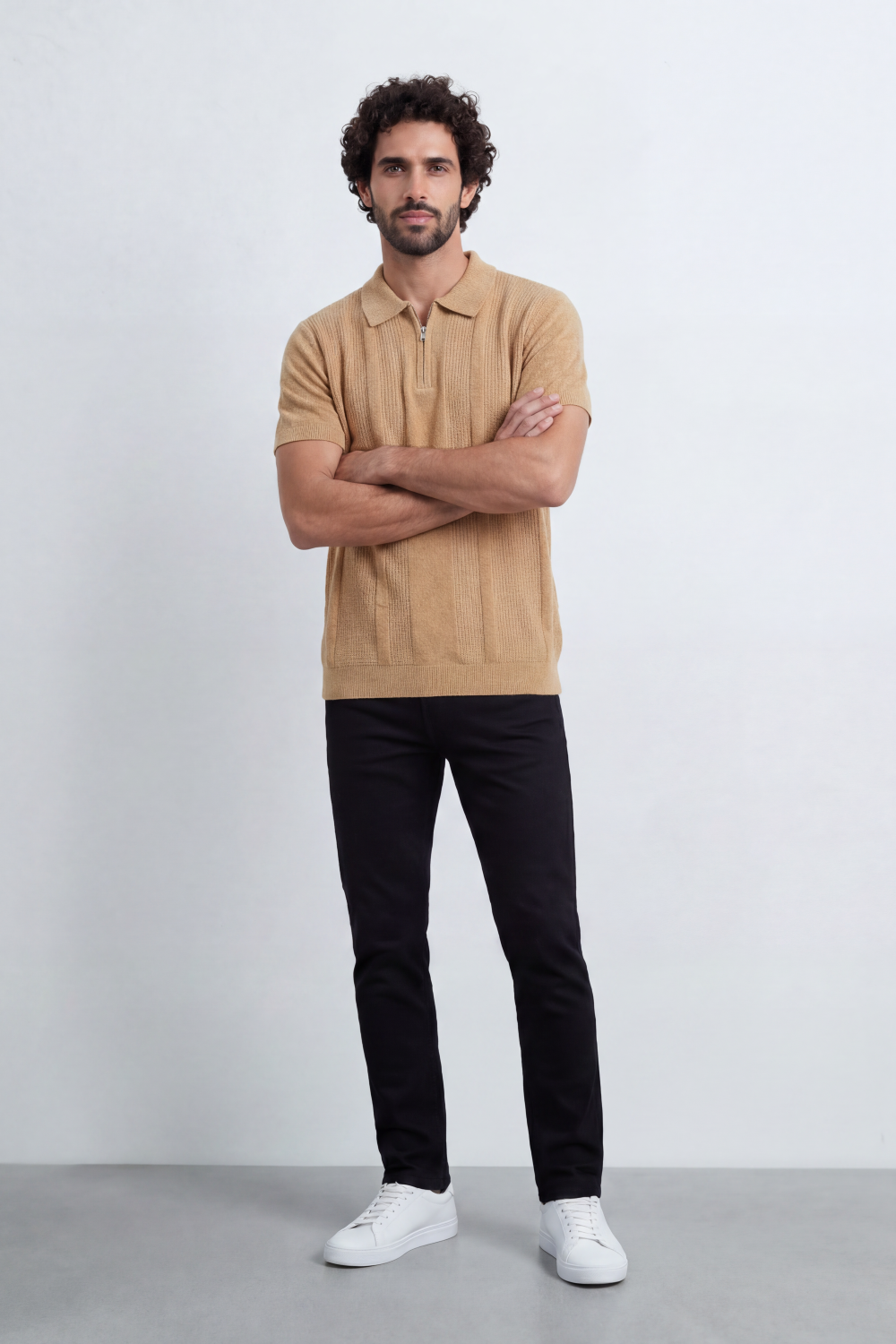 Men’s Tomato Store Ridge Zip Polo Vertical Rib Texture Runs Through The Body Half Zip Placket T-Shirt