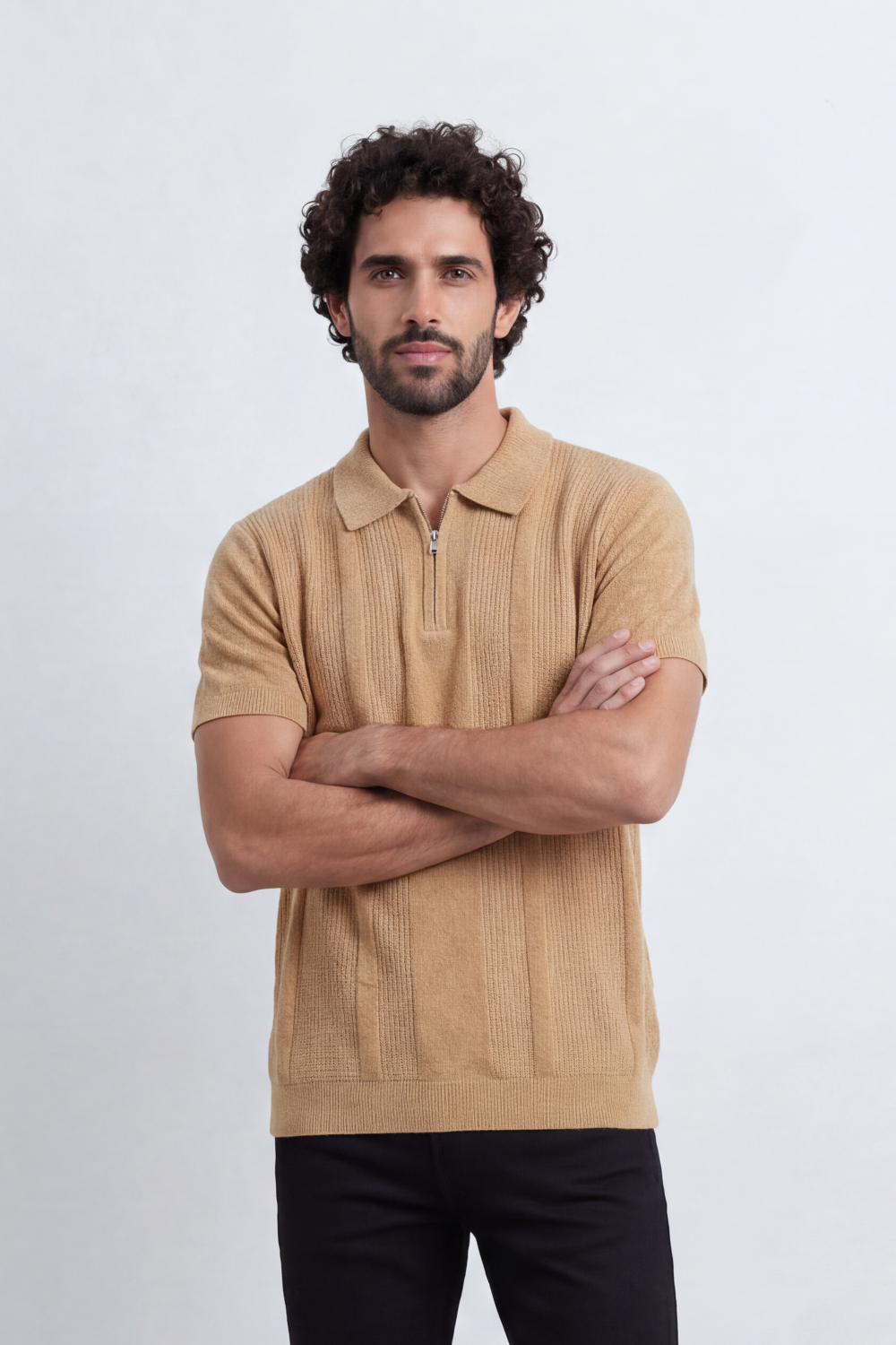 Men’s Tomato Store Ridge Zip Polo Vertical Rib Texture Runs Through The Body Half Zip Placket T-Shirt