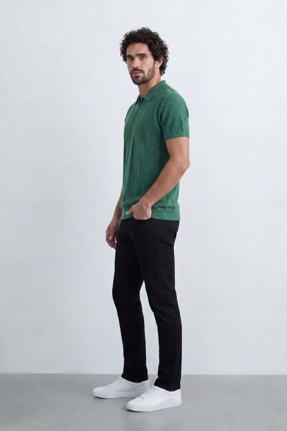 Men’s Tomato Store Ridge Zip Polo Vertical Rib Texture Runs Through The Body Half Zip Placket T-Shirt