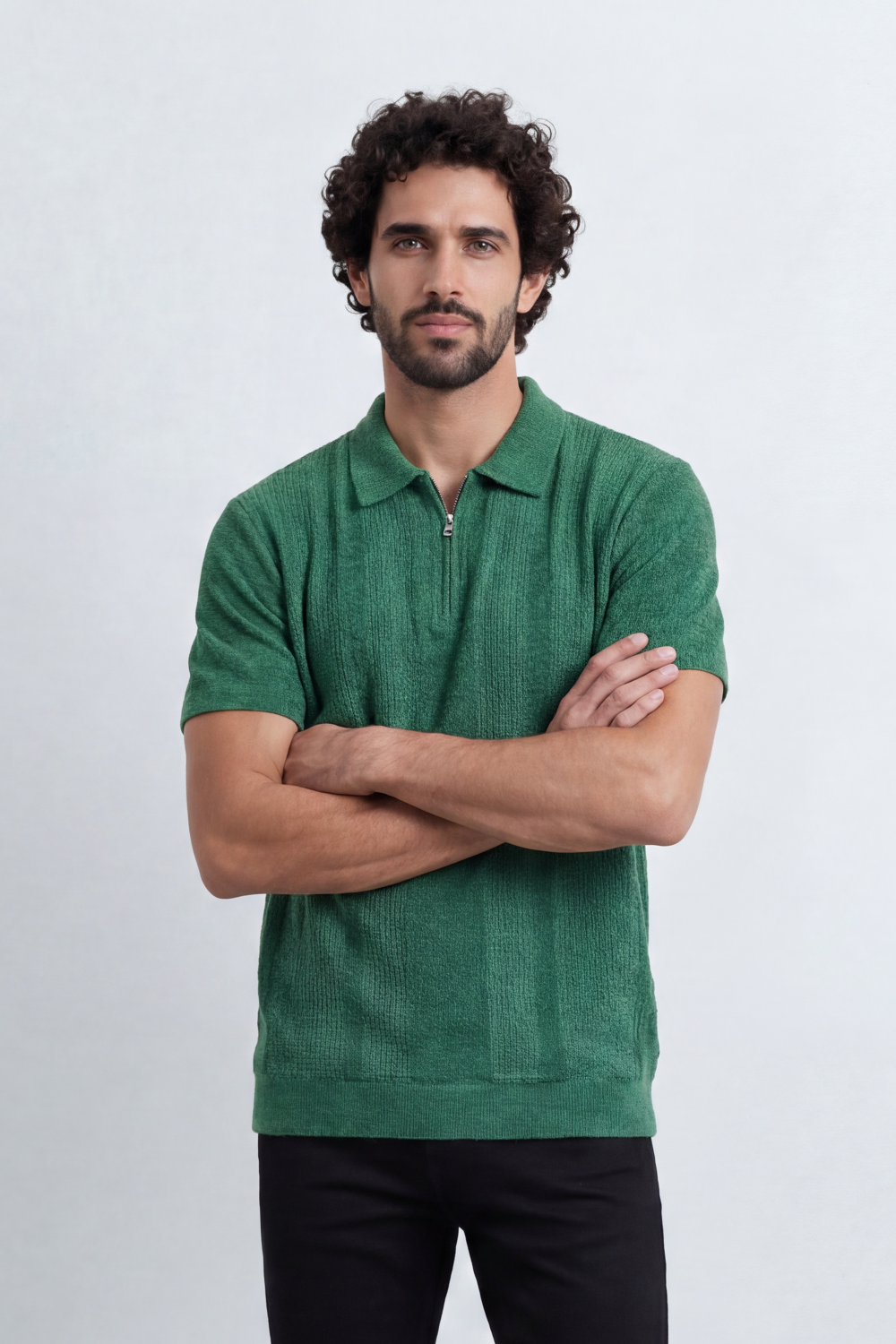 Men’s Tomato Store Ridge Zip Polo Vertical Rib Texture Runs Through The Body Half Zip Placket T-Shirt