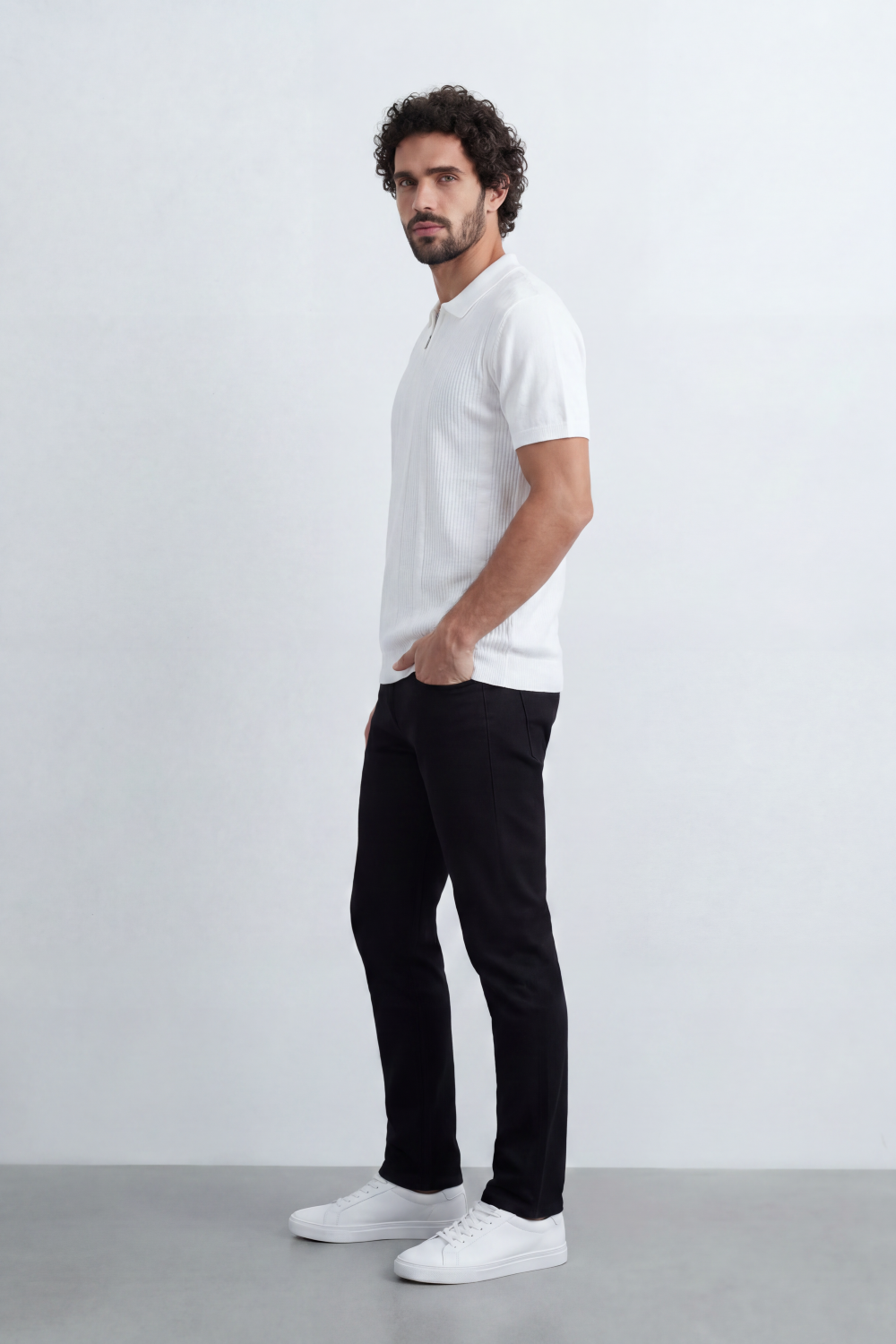 Men’s Tomato Store Ridge Zip Polo Vertical Rib Texture Runs Through The Body Half Zip Placket T-Shirt