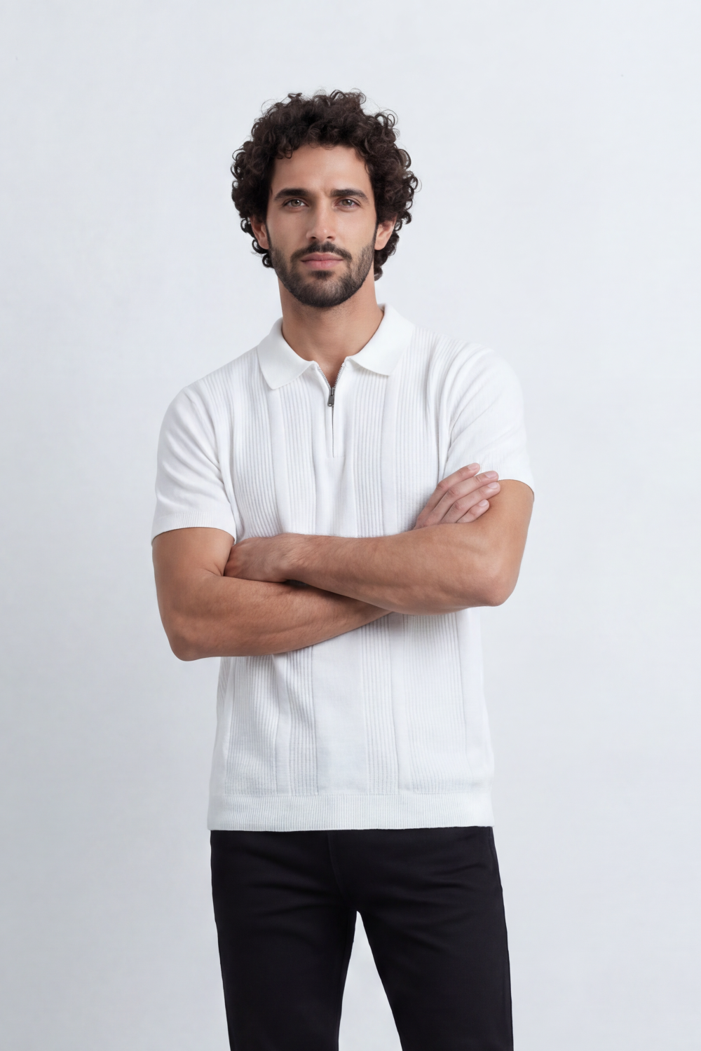 Men’s Tomato Store Ridge Zip Polo Vertical Rib Texture Runs Through The Body Half Zip Placket T-Shirt