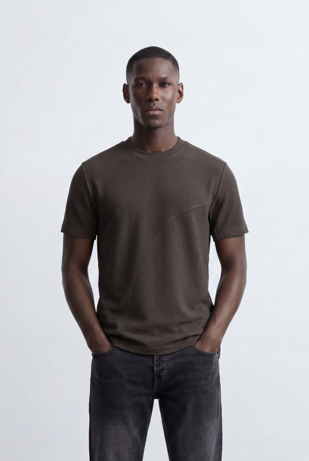 Men’s Tomato Store Textured Panel T-Shirt Mixed Knit Surface Asymmetric Contrast Detail