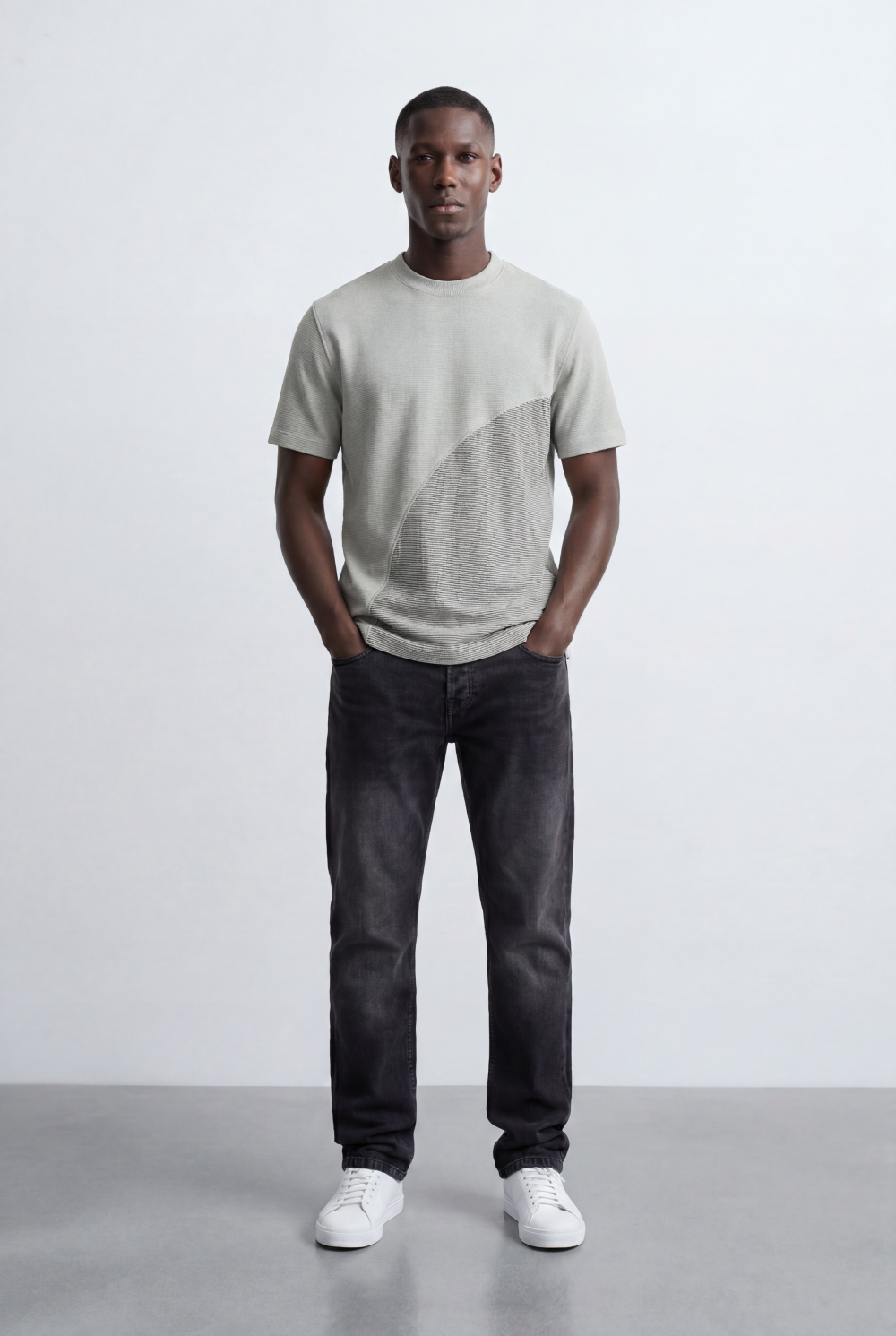 Men’s Tomato Store Textured Panel T-Shirt Mixed Knit Surface Asymmetric Contrast Detail