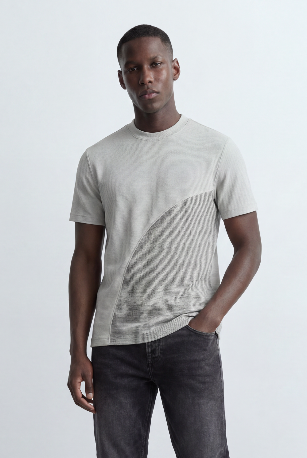 Men’s Tomato Store Textured Panel T-Shirt Mixed Knit Surface Asymmetric Contrast Detail