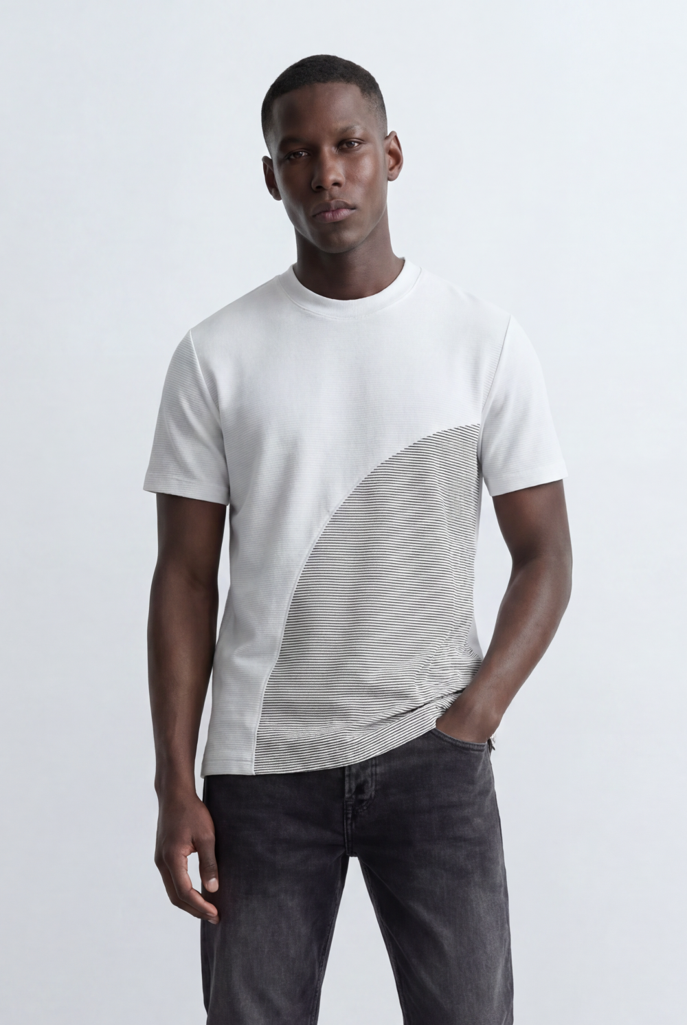 Men’s Tomato Store Textured Panel T-Shirt Mixed Knit Surface Asymmetric Contrast Detail