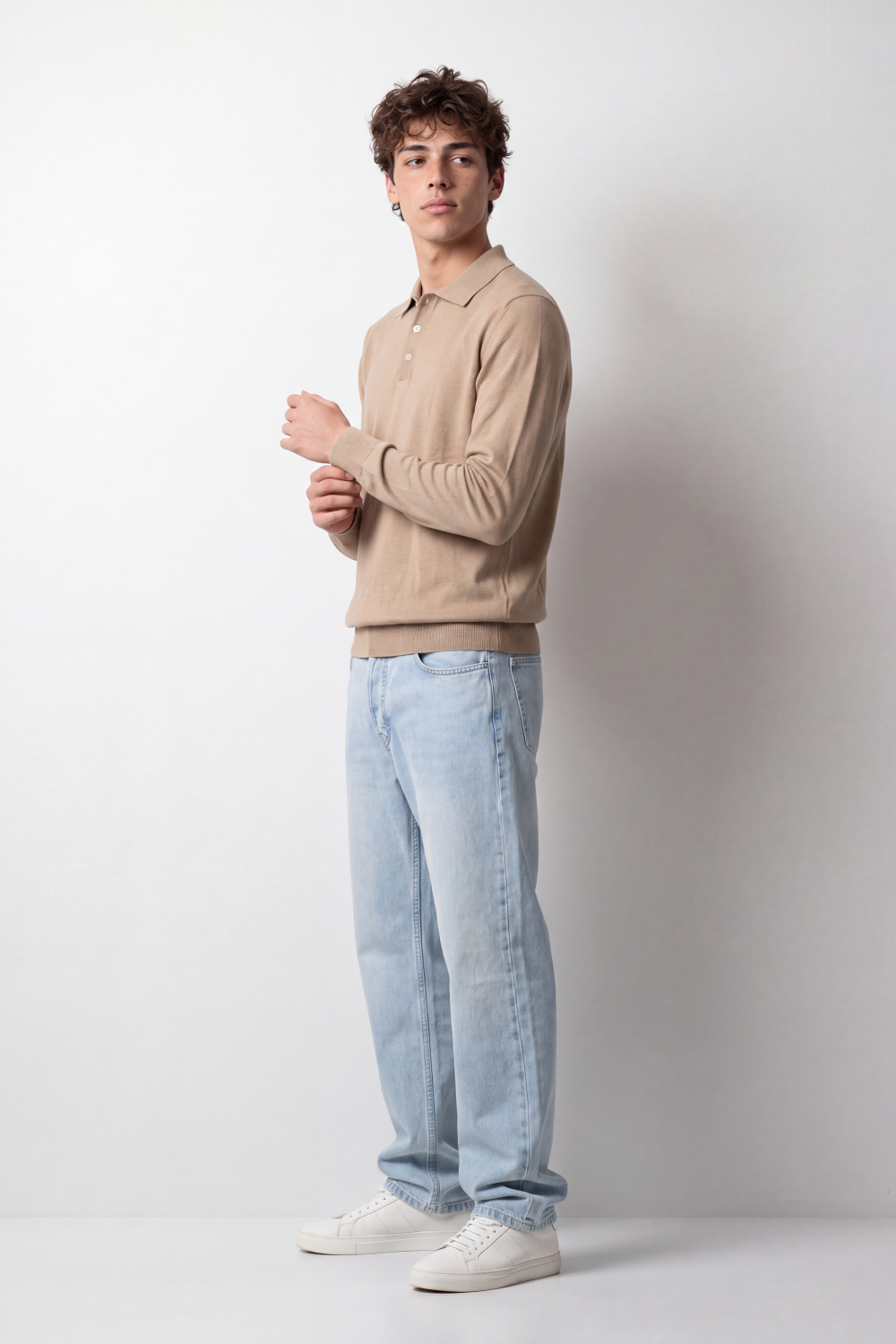 Men's Tomato Store Winter Fine Gauge Knit Polo Pullover Long Sleeve Button Placket Ribbed Cuffs