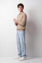 Men's Tomato Store Winter Fine Gauge Knit Polo Pullover Long Sleeve Button Placket Ribbed Cuffs