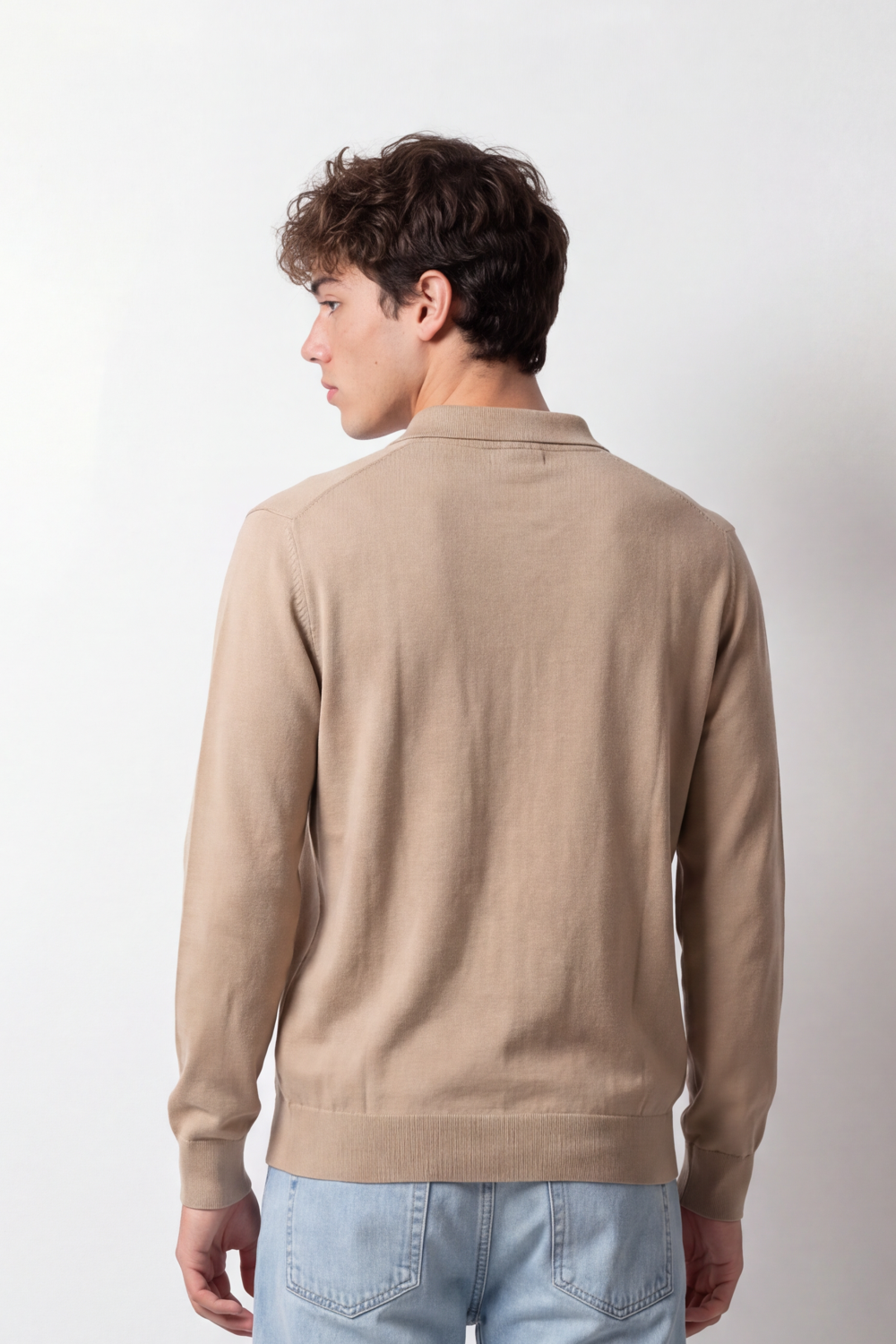 Men's Tomato Store Winter Fine Gauge Knit Polo Pullover Long Sleeve Button Placket Ribbed Cuffs