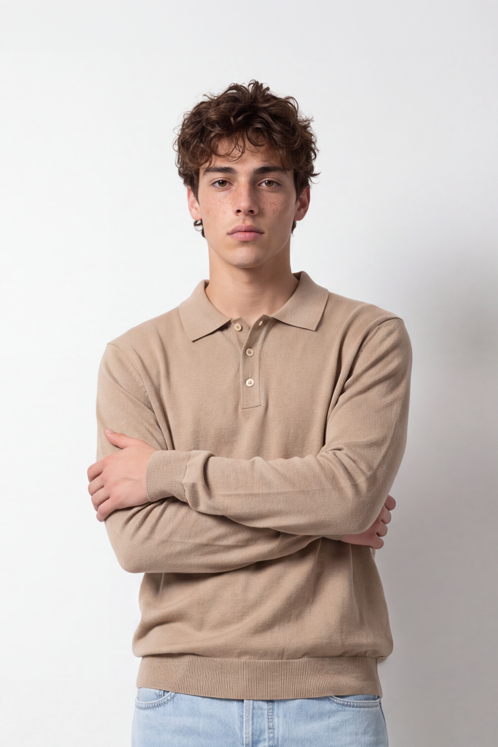 Men's Tomato Store Winter Fine Gauge Knit Polo Pullover Long Sleeve Button Placket Ribbed Cuffs