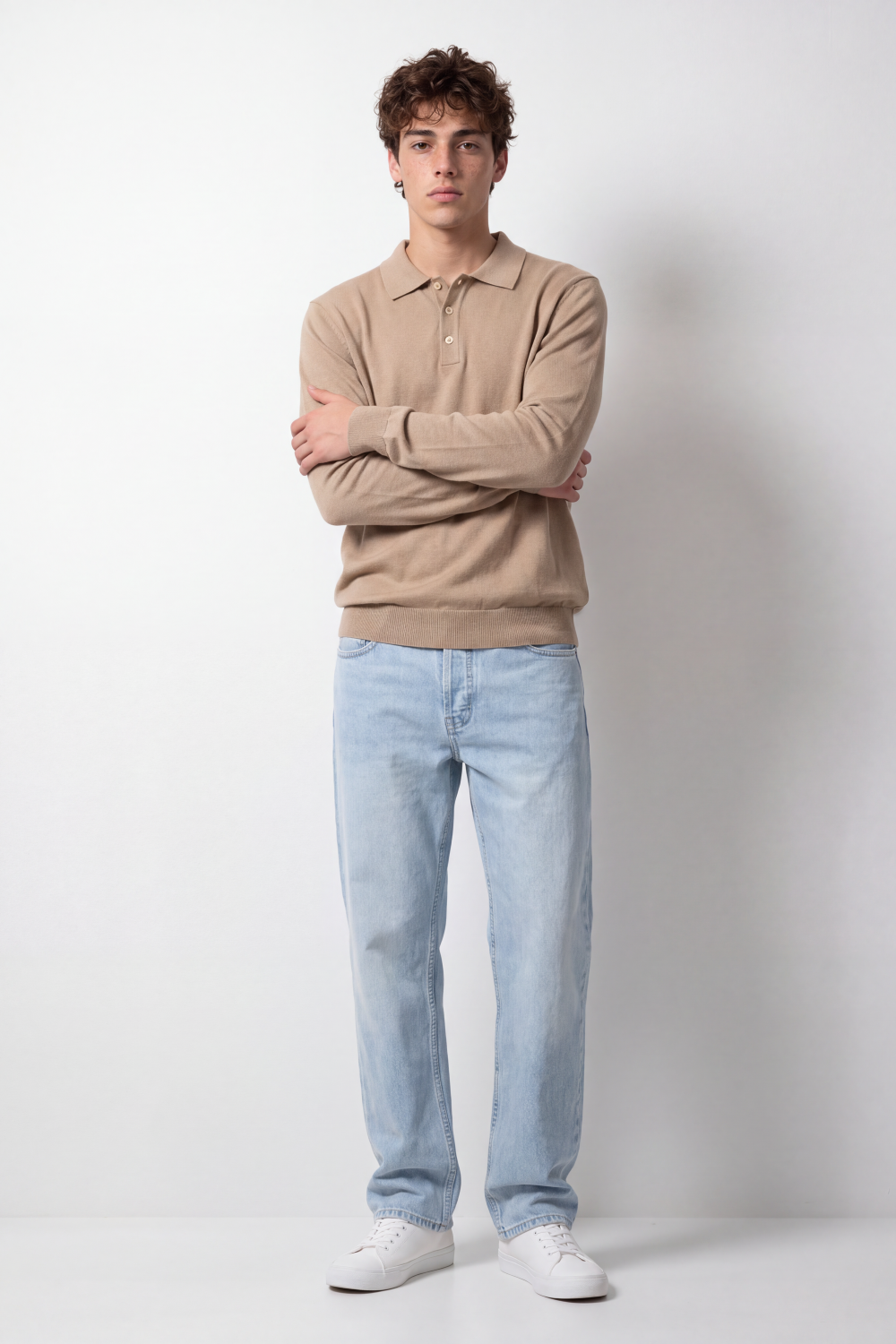 Men's Tomato Store Winter Fine Gauge Knit Polo Pullover Long Sleeve Button Placket Ribbed Cuffs
