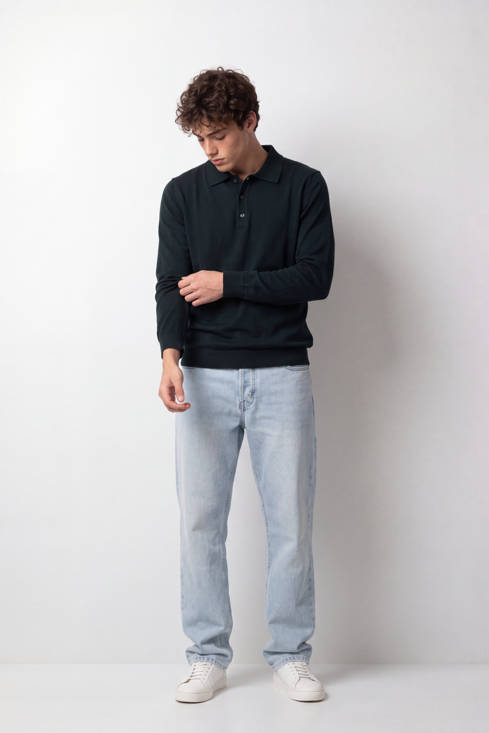Men's Tomato Store Winter Fine Gauge Knit Polo Pullover Long Sleeve Button Placket Ribbed Cuffs