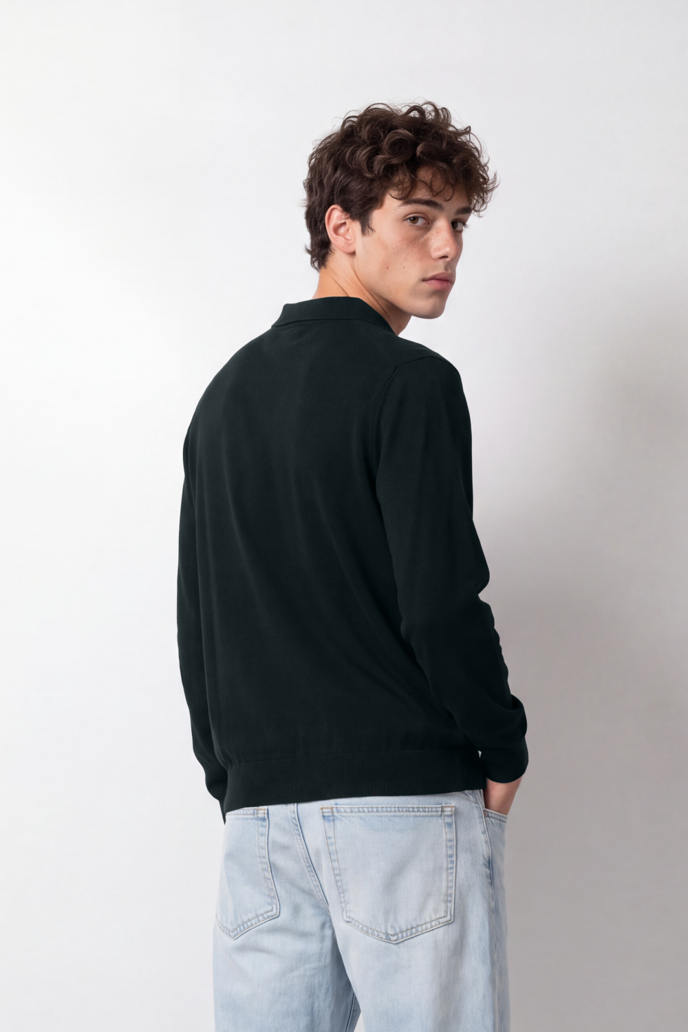 Men's Tomato Store Winter Fine Gauge Knit Polo Pullover Long Sleeve Button Placket Ribbed Cuffs