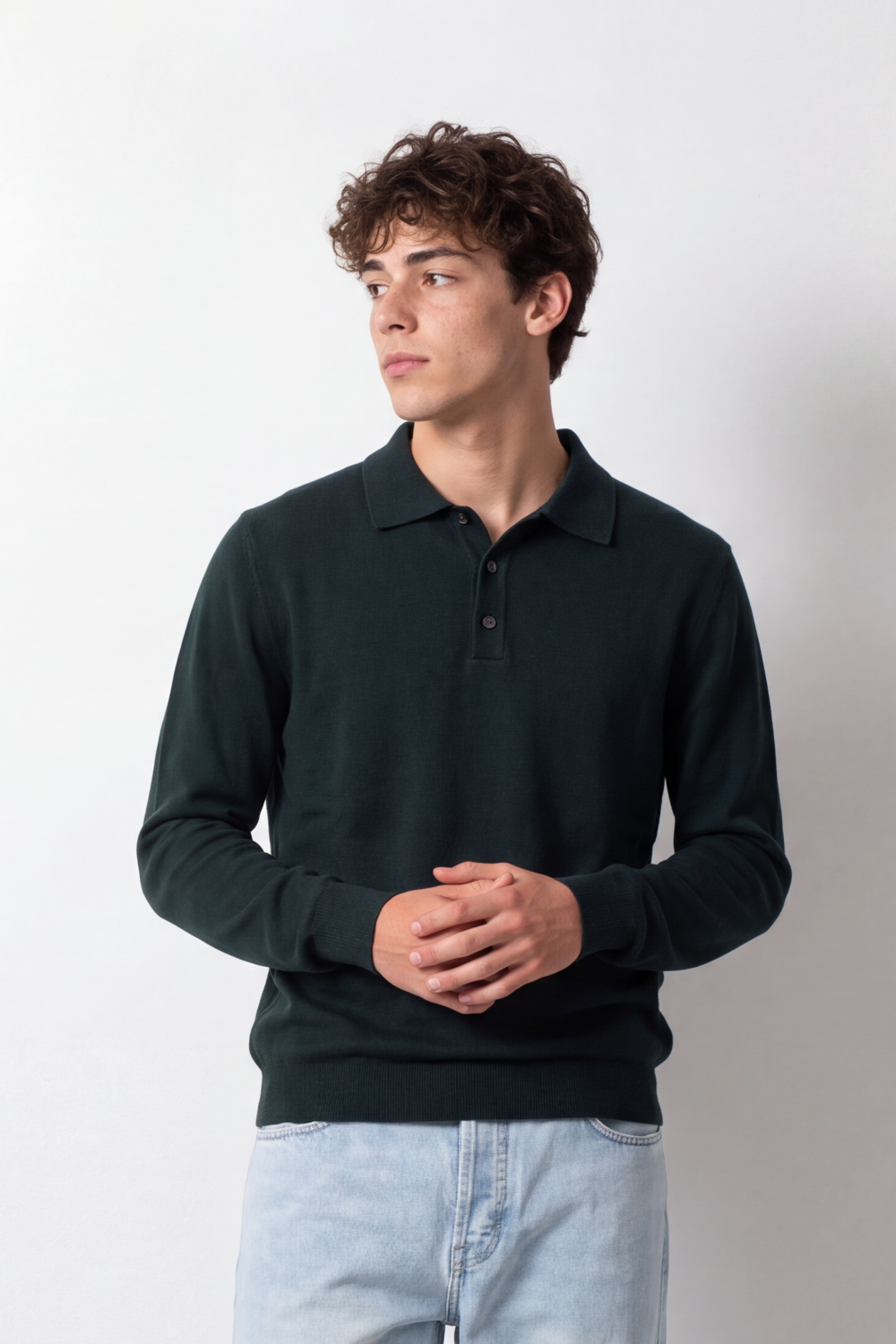 Men's Tomato Store Winter Fine Gauge Knit Polo Pullover Long Sleeve Button Placket Ribbed Cuffs