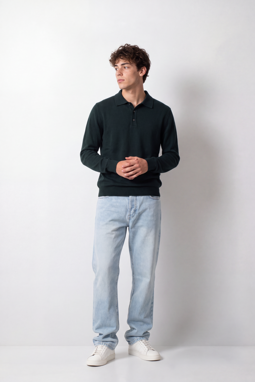 Men's Tomato Store Winter Fine Gauge Knit Polo Pullover Long Sleeve Button Placket Ribbed Cuffs
