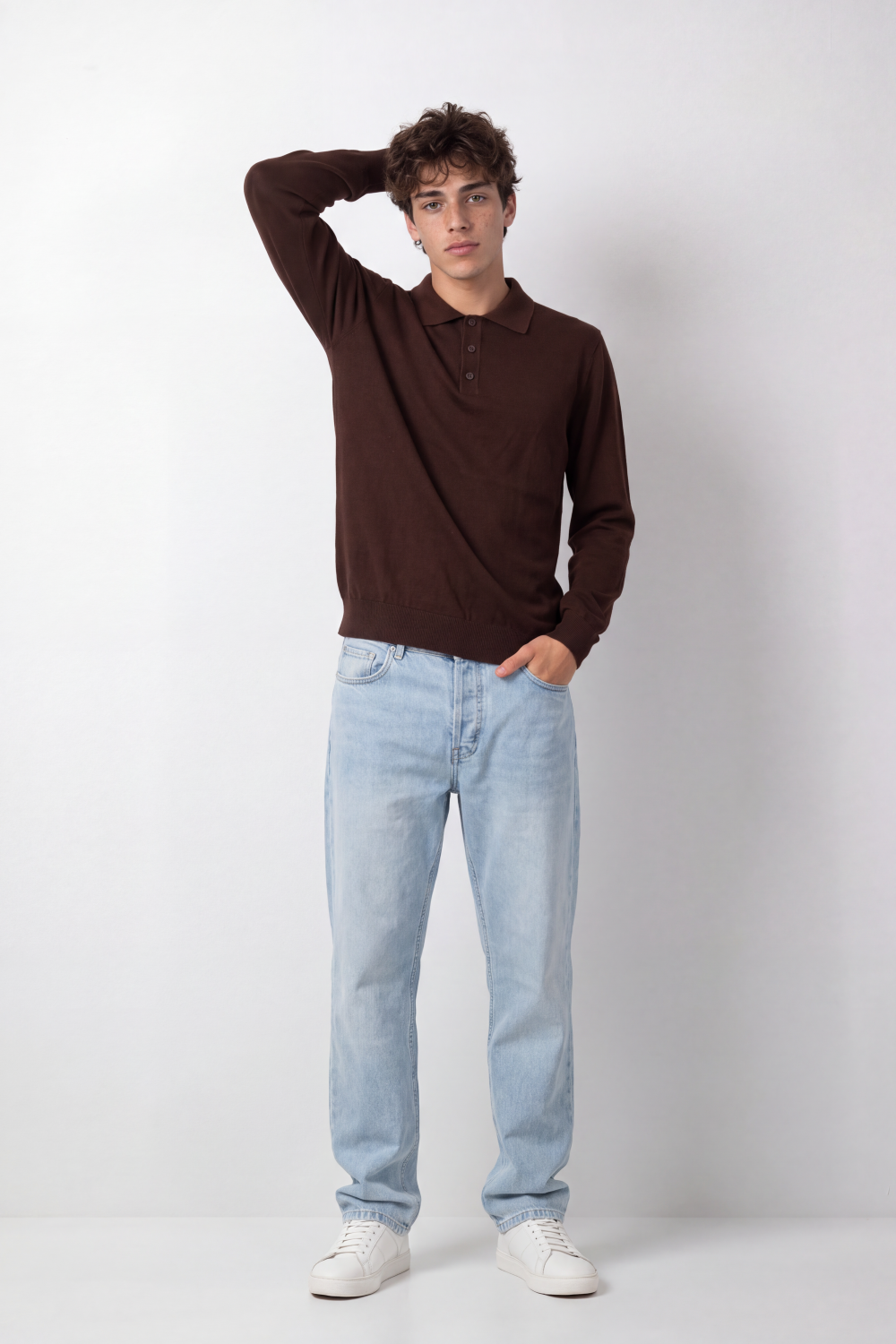 Men's Tomato Store Winter Fine Gauge Knit Polo Pullover Long Sleeve Button Placket Ribbed Cuffs