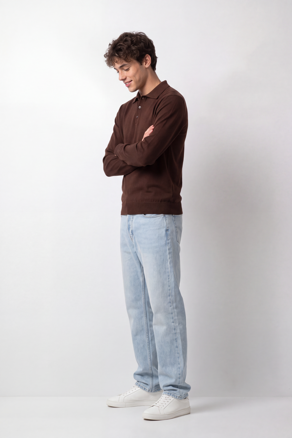Men's Tomato Store Winter Fine Gauge Knit Polo Pullover Long Sleeve Button Placket Ribbed Cuffs