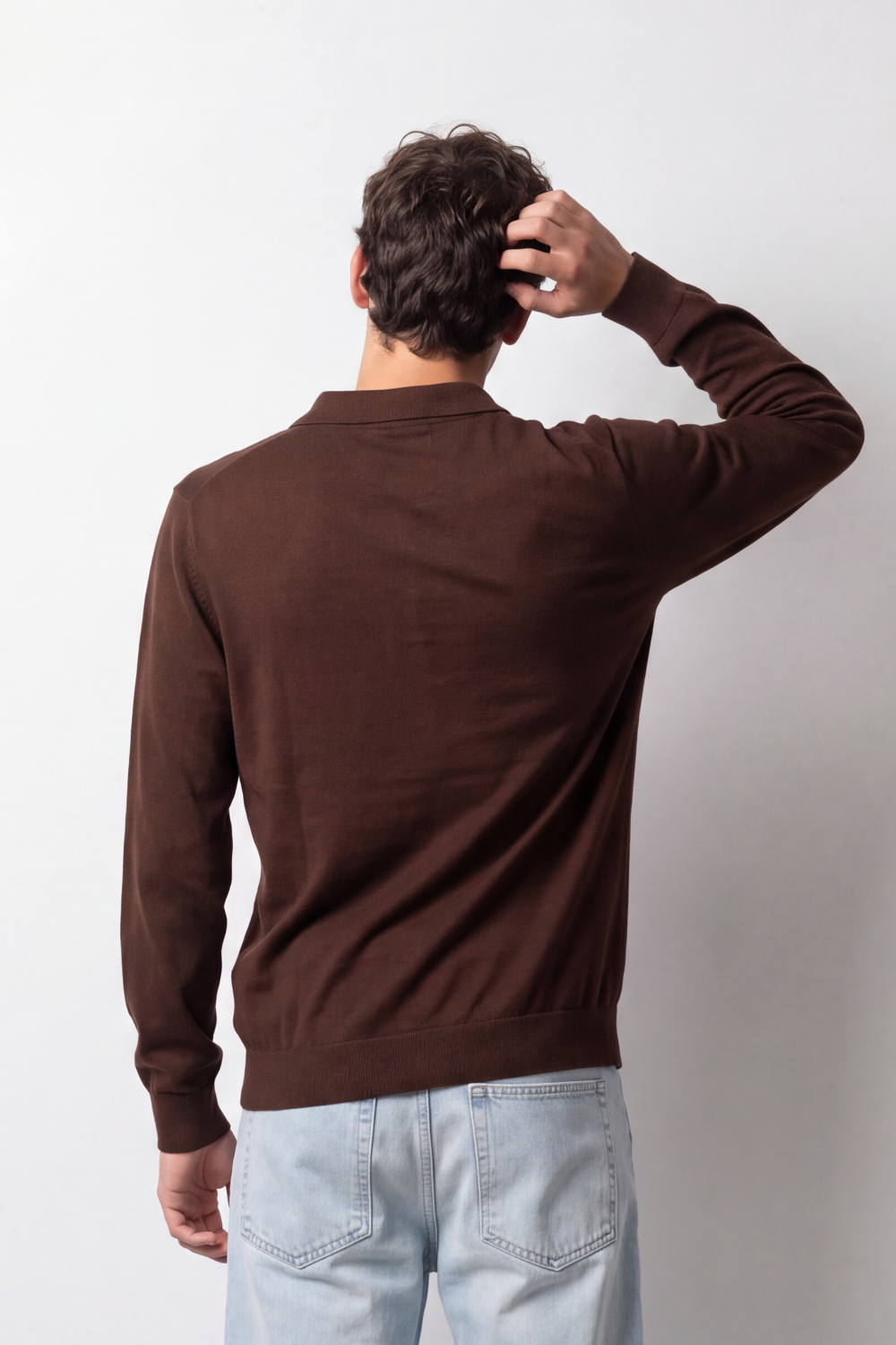 Men's Tomato Store Winter Fine Gauge Knit Polo Pullover Long Sleeve Button Placket Ribbed Cuffs