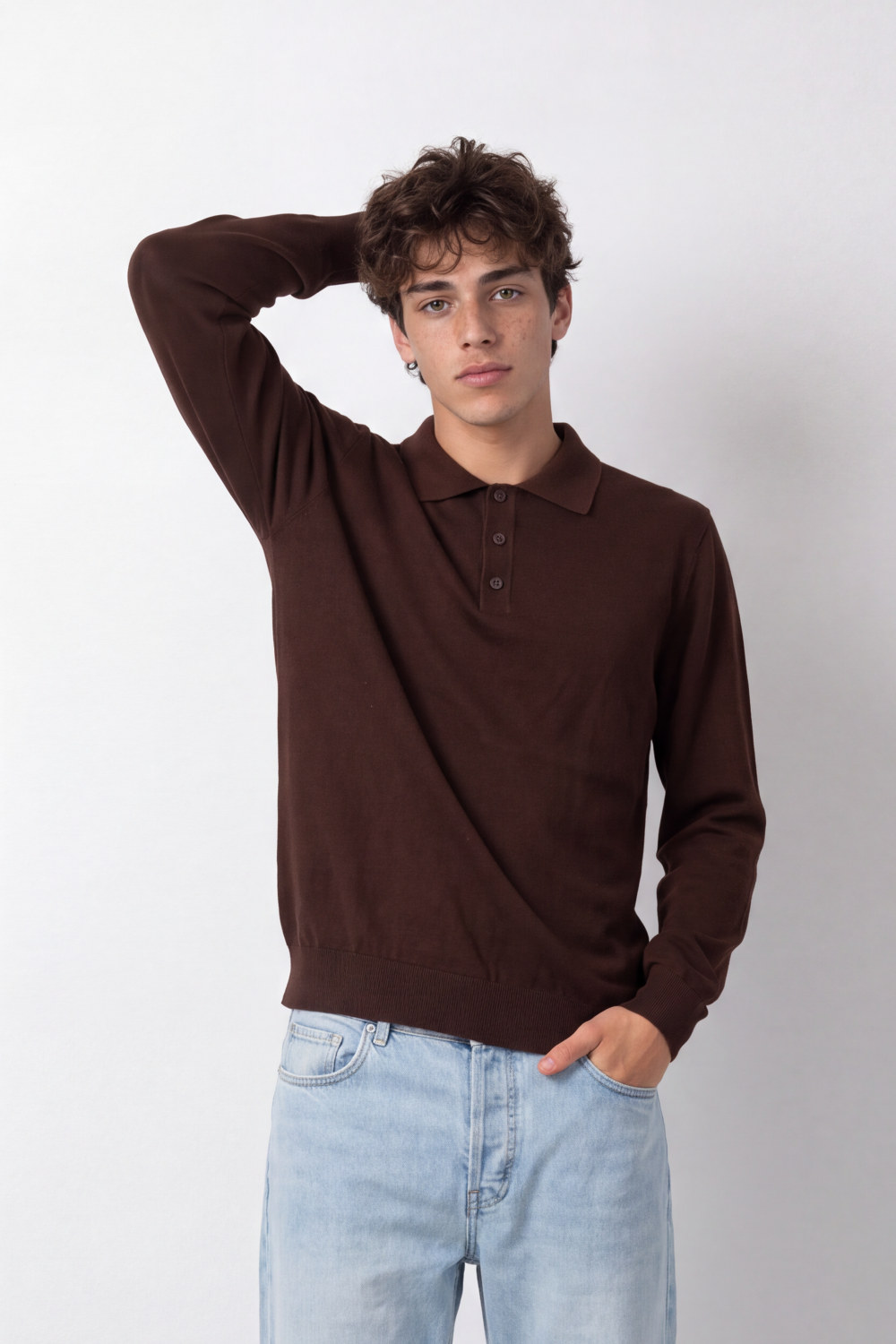 Men's Tomato Store Winter Fine Gauge Knit Polo Pullover Long Sleeve Button Placket Ribbed Cuffs