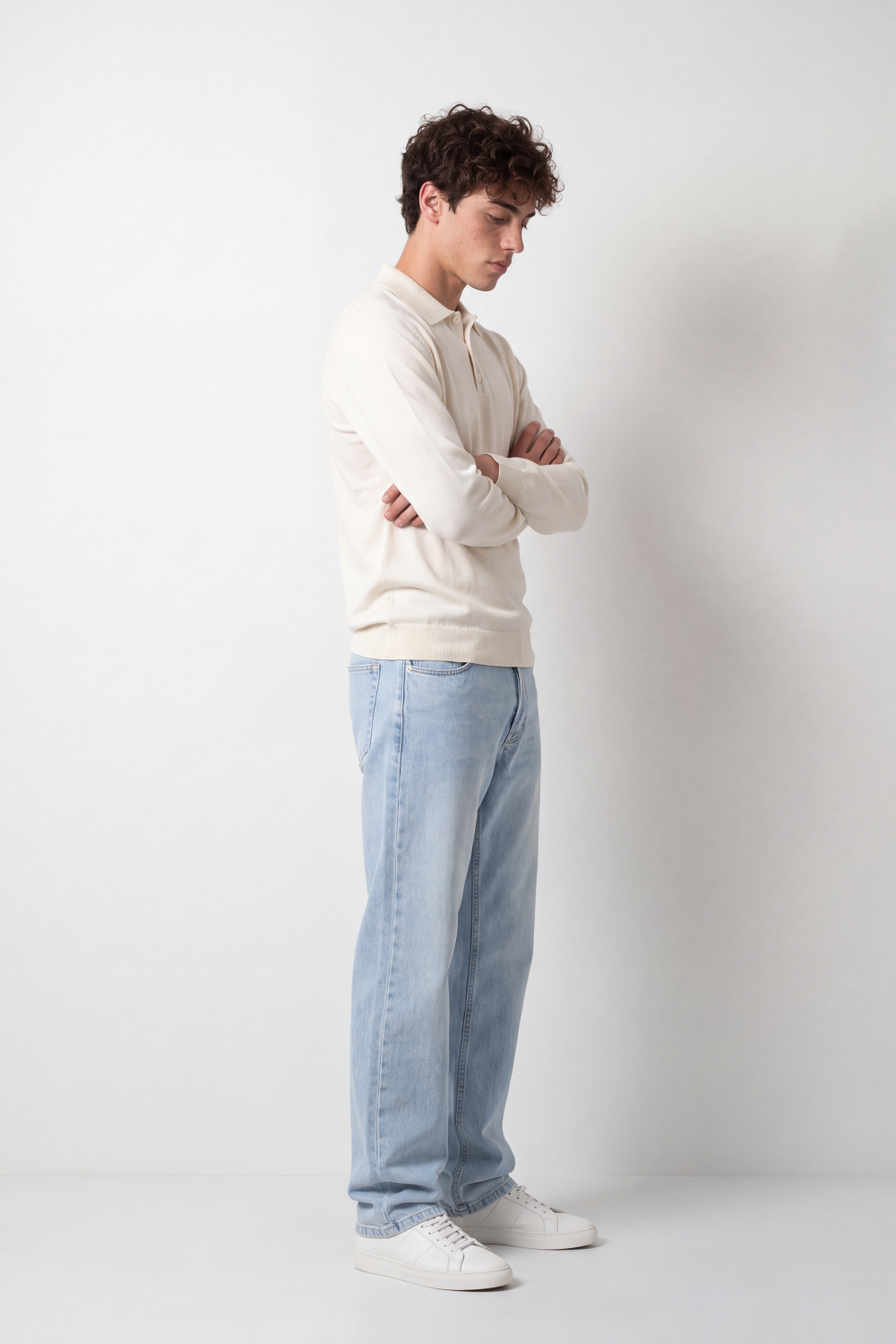 Men's Tomato Store Winter Fine Gauge Knit Polo Pullover Long Sleeve Button Placket Ribbed Cuffs