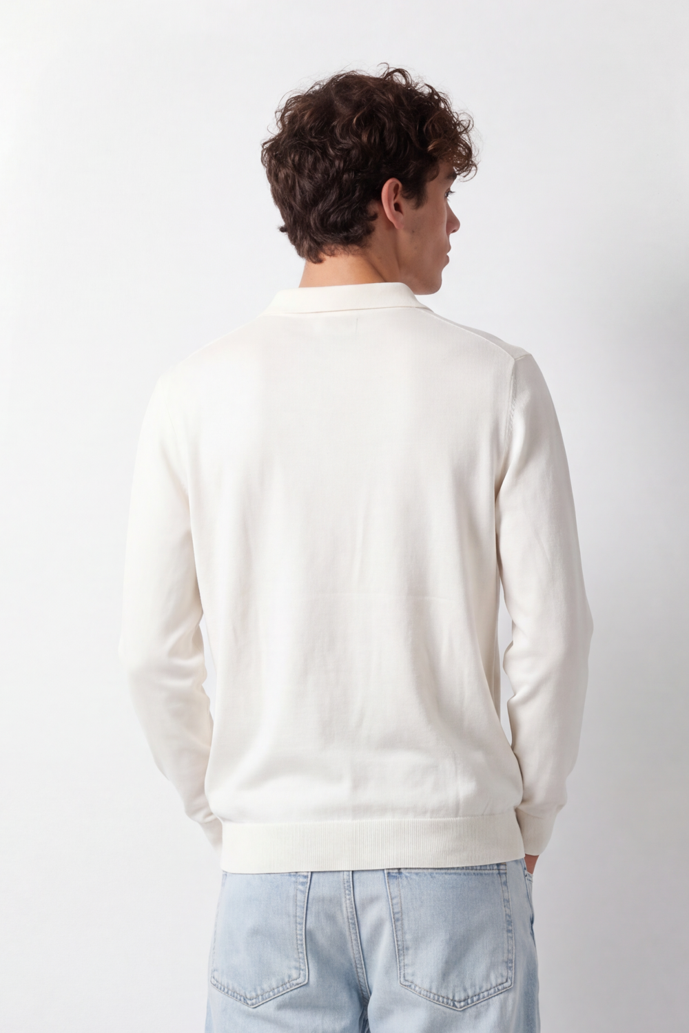 Men's Tomato Store Winter Fine Gauge Knit Polo Pullover Long Sleeve Button Placket Ribbed Cuffs