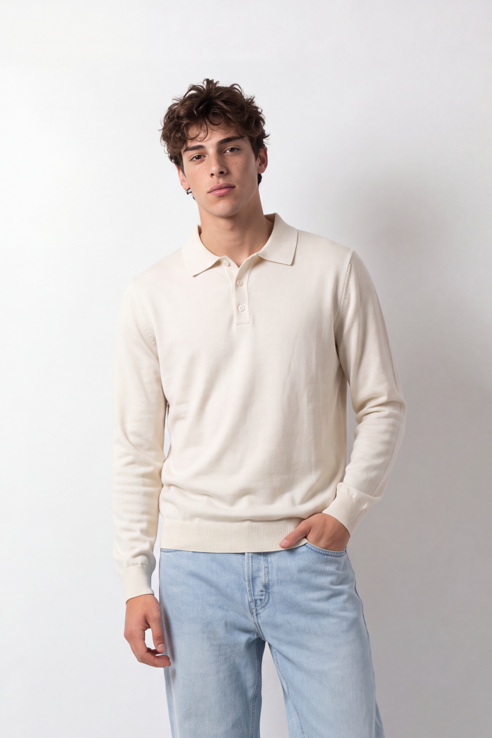 Men's Tomato Store Winter Fine Gauge Knit Polo Pullover Long Sleeve Button Placket Ribbed Cuffs