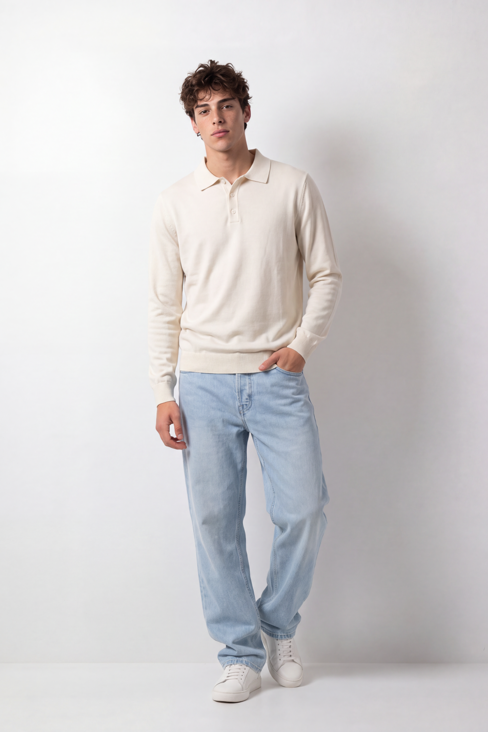 Men's Tomato Store Winter Fine Gauge Knit Polo Pullover Long Sleeve Button Placket Ribbed Cuffs