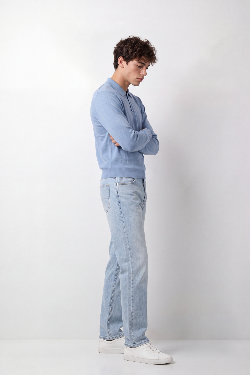 Men's Tomato Store Winter Fine Gauge Knit Polo Pullover Long Sleeve Button Placket Ribbed Cuffs