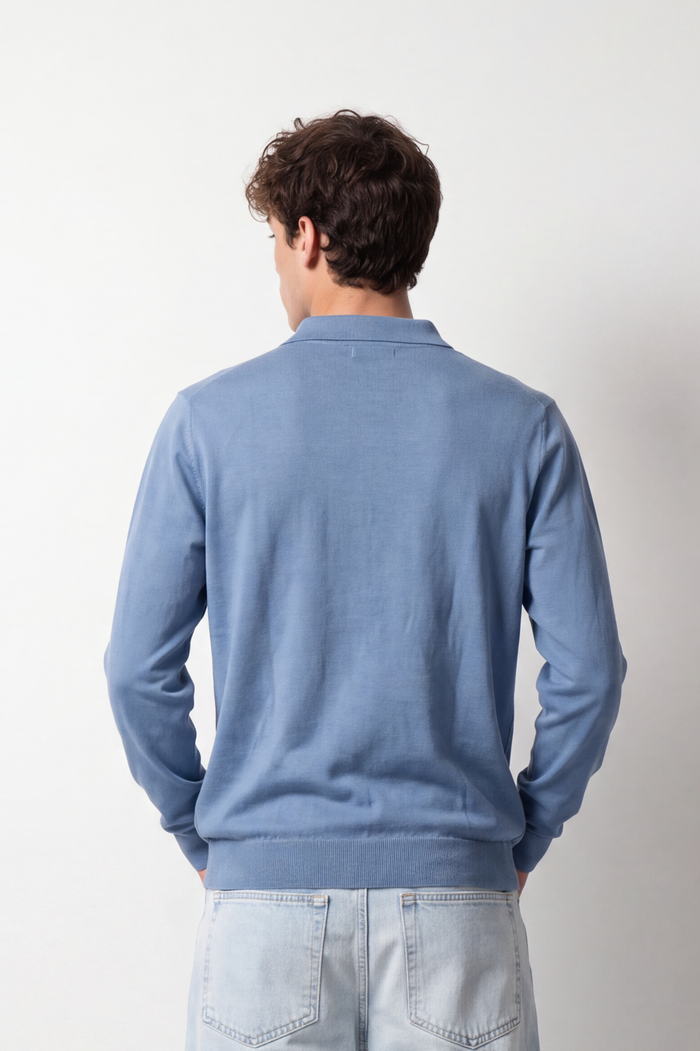 Men's Tomato Store Winter Fine Gauge Knit Polo Pullover Long Sleeve Button Placket Ribbed Cuffs