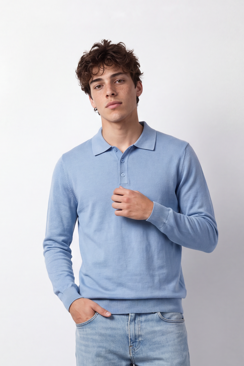 Men's Tomato Store Winter Fine Gauge Knit Polo Pullover Long Sleeve Button Placket Ribbed Cuffs