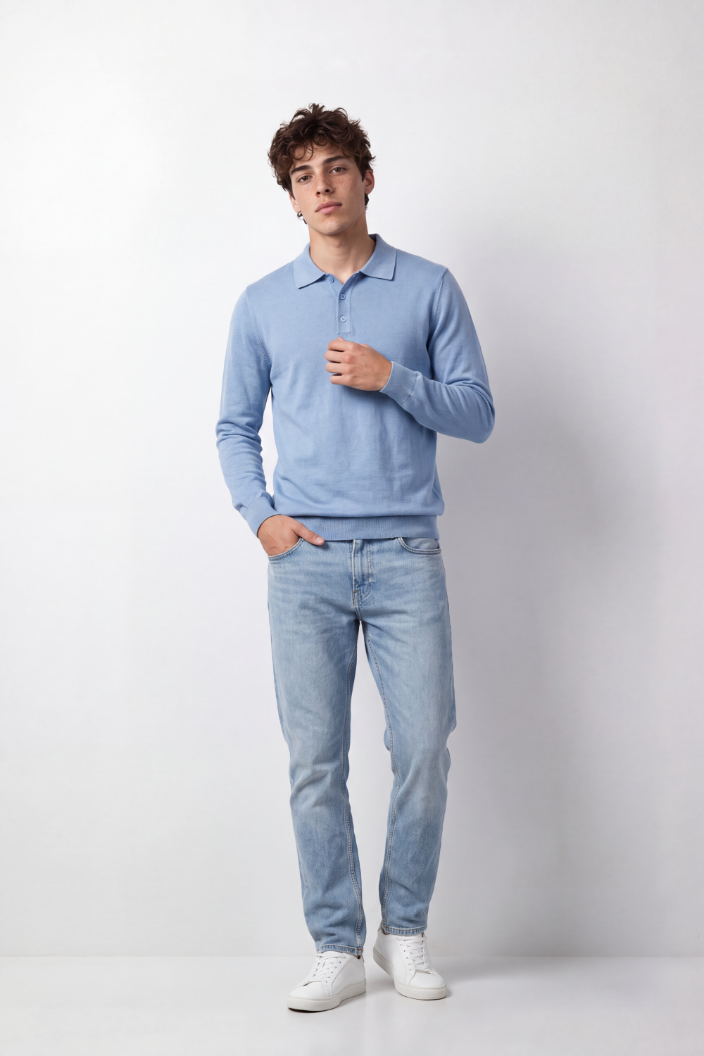 Men's Tomato Store Winter Fine Gauge Knit Polo Pullover Long Sleeve Button Placket Ribbed Cuffs