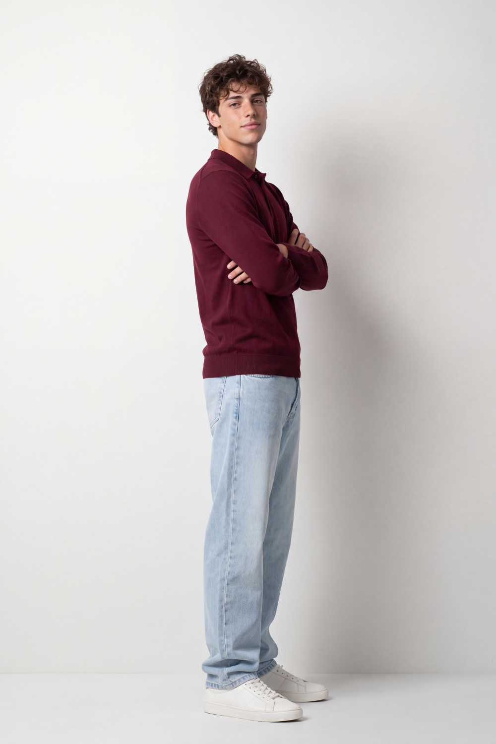Men's Tomato Store Winter Fine Gauge Knit Polo Pullover Long Sleeve Button Placket Ribbed Cuffs