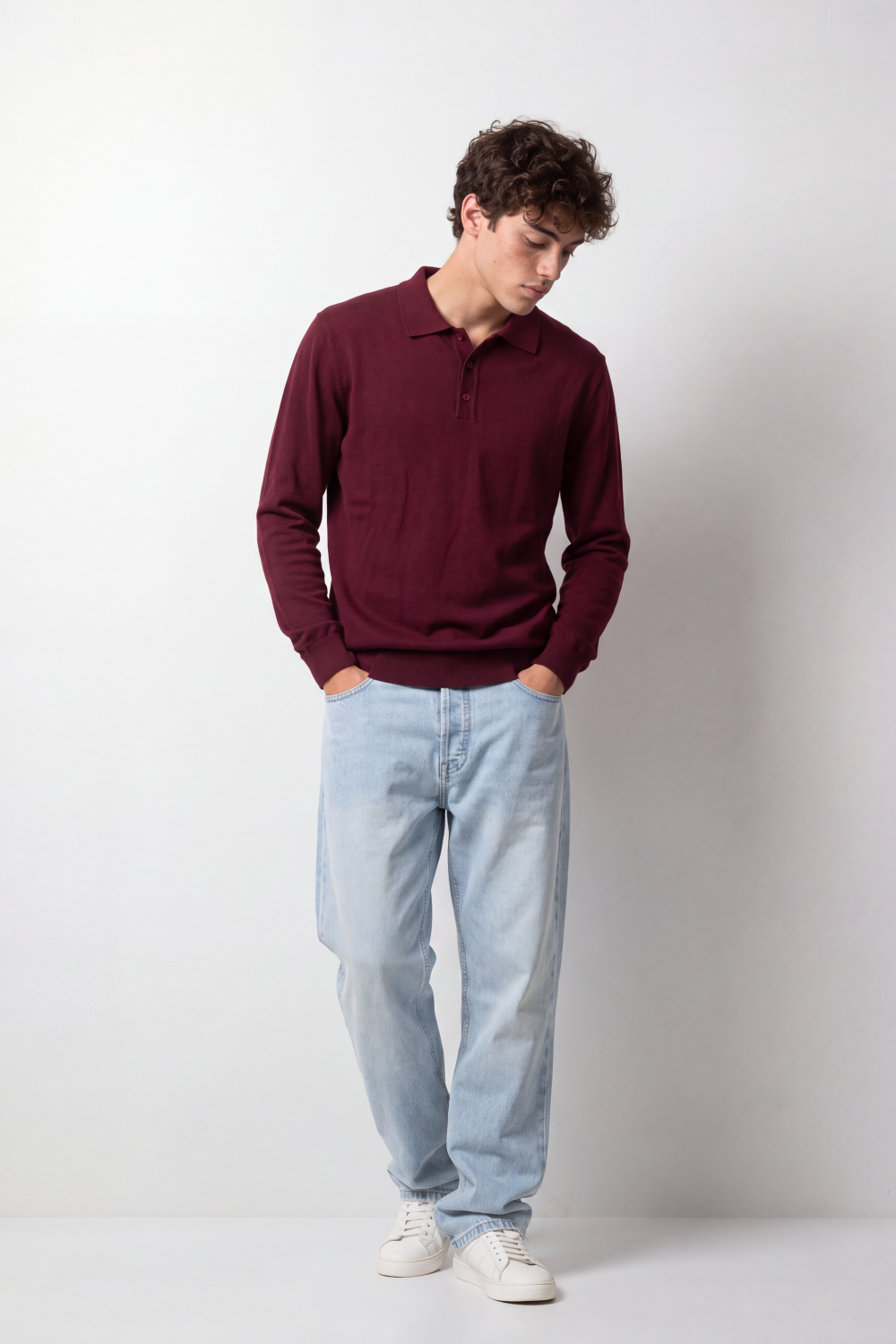 Men's Tomato Store Winter Fine Gauge Knit Polo Pullover Long Sleeve Button Placket Ribbed Cuffs