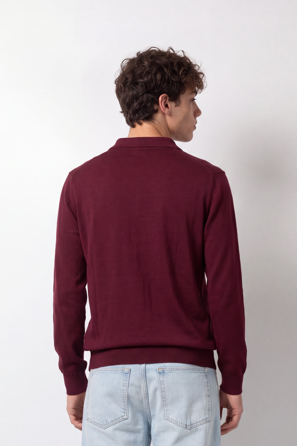 Men's Tomato Store Winter Fine Gauge Knit Polo Pullover Long Sleeve Button Placket Ribbed Cuffs