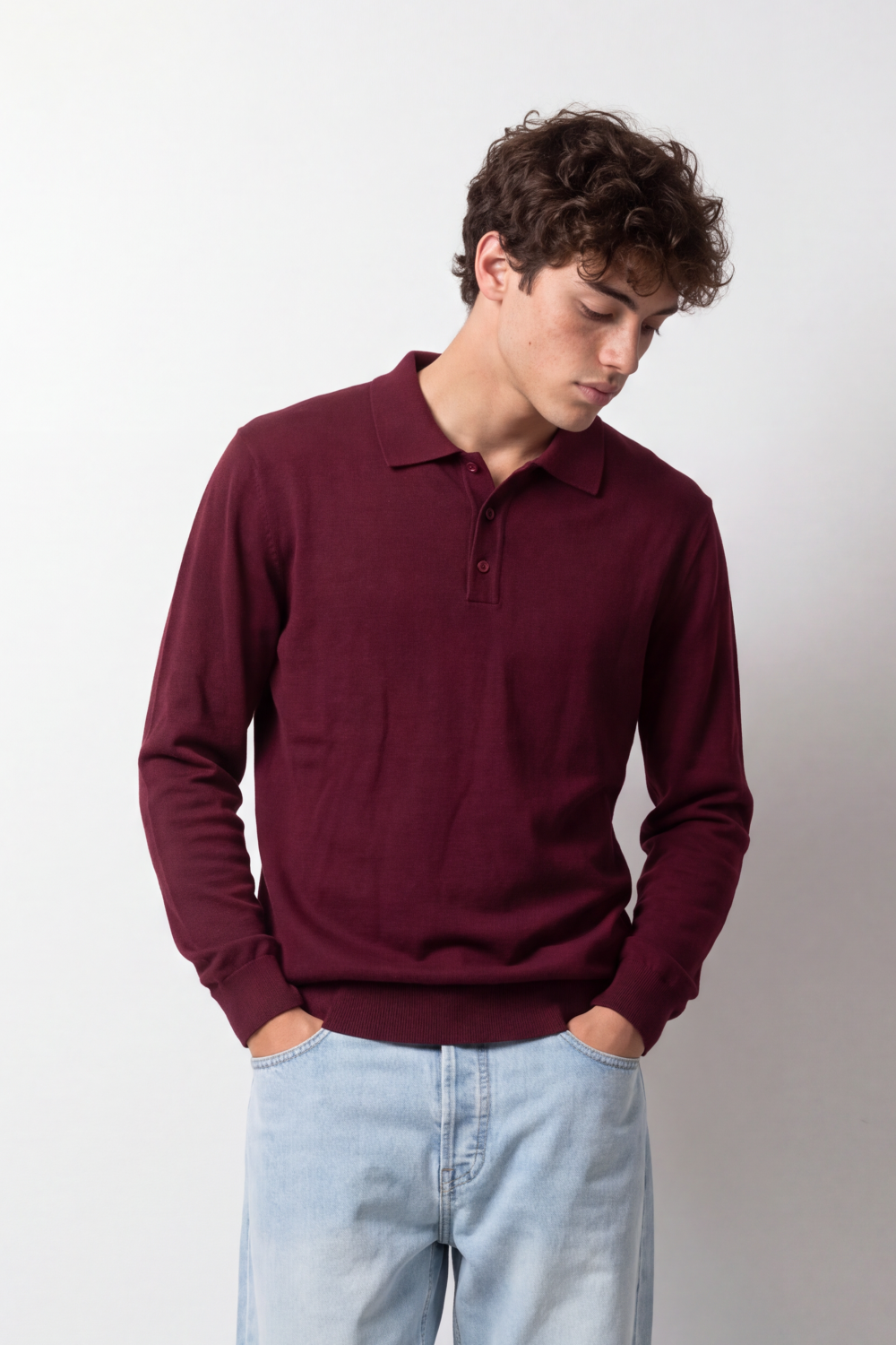 Men's Tomato Store Winter Fine Gauge Knit Polo Pullover Long Sleeve Button Placket Ribbed Cuffs