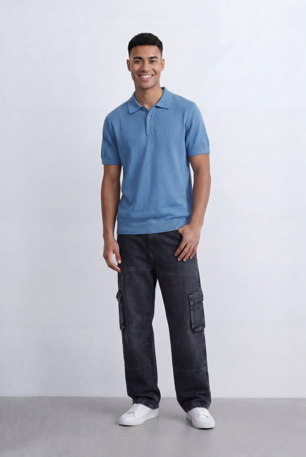 Men’s Tomato Store Knit Polo All Over Perforated Texture Button Placket Design Slim Fit T-Shirt
