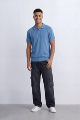 Men’s Tomato Store Knit Polo All Over Perforated Texture Button Placket Design Slim Fit T-Shirt