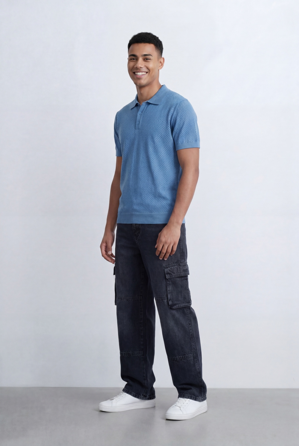 Men’s Tomato Store Knit Polo All Over Perforated Texture Button Placket Design Slim Fit T-Shirt