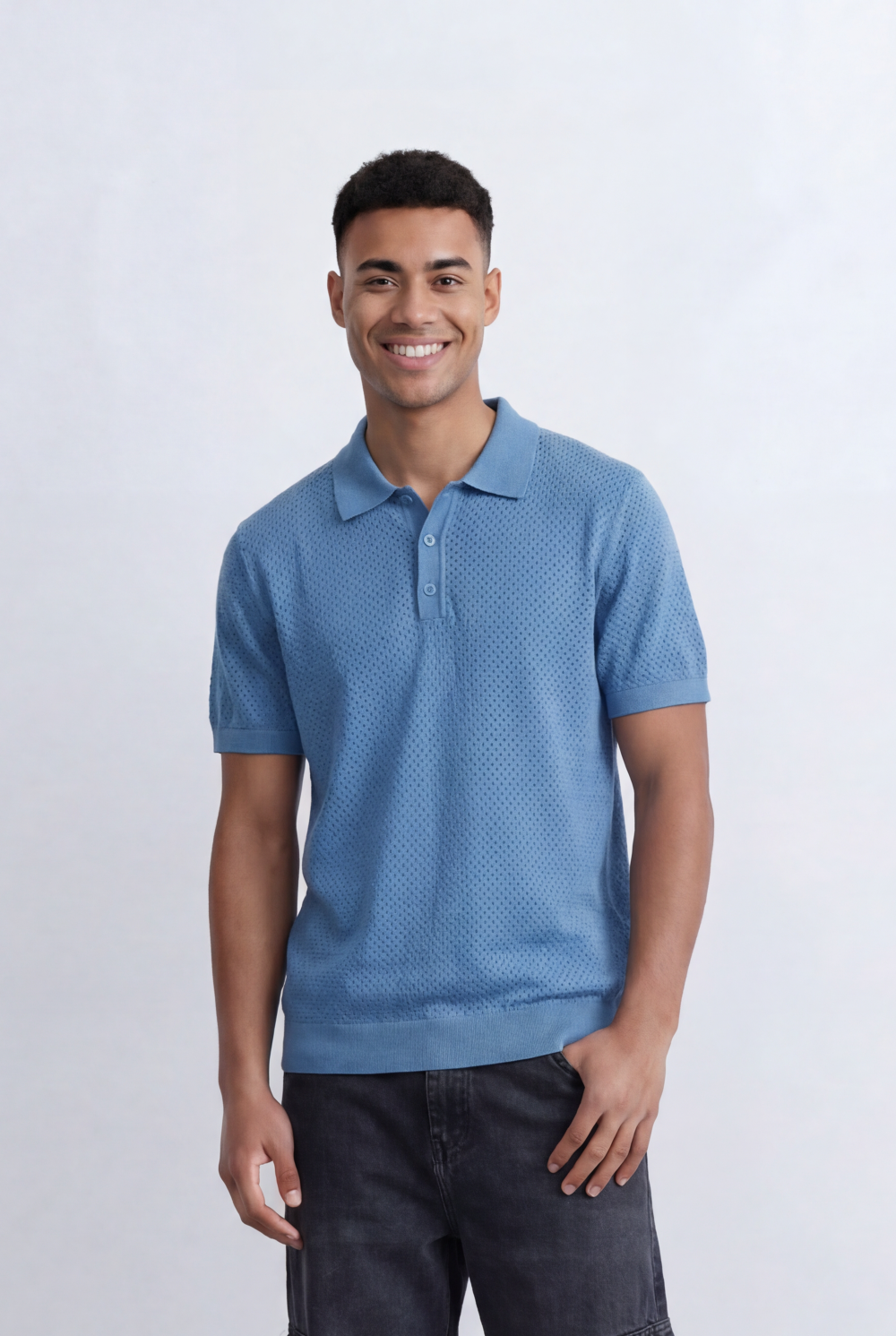 Men’s Tomato Store Knit Polo All Over Perforated Texture Button Placket Design Slim Fit T-Shirt