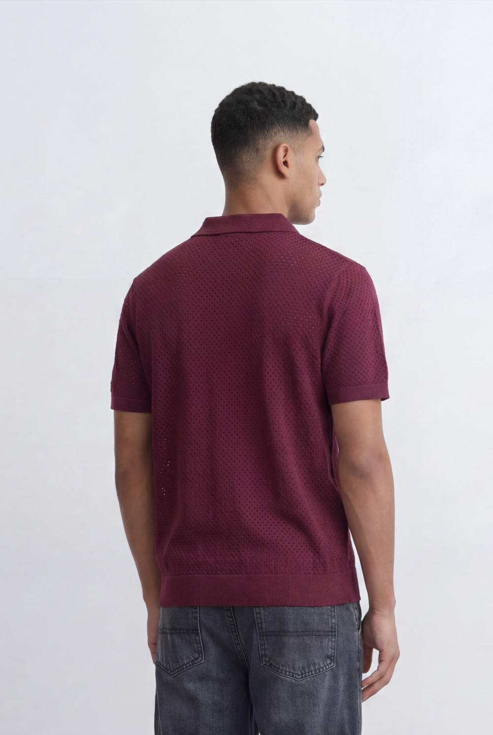 Men’s Tomato Store Knit Polo All Over Perforated Texture Button Placket Design Slim Fit T-Shirt