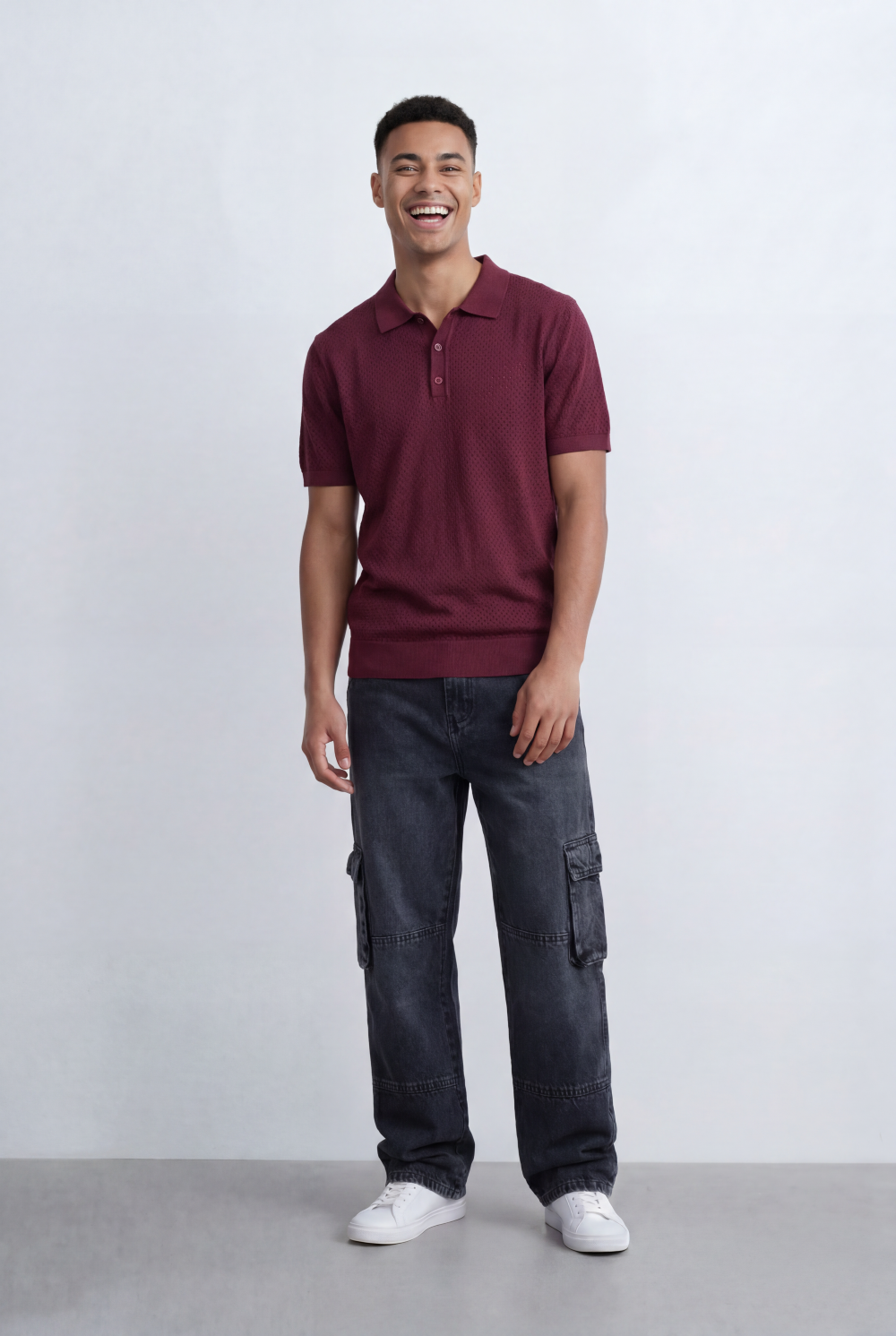 Men’s Tomato Store Knit Polo All Over Perforated Texture Button Placket Design Slim Fit T-Shirt