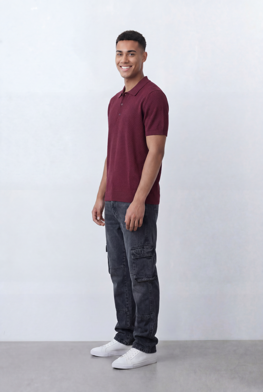 Men’s Tomato Store Knit Polo All Over Perforated Texture Button Placket Design Slim Fit T-Shirt