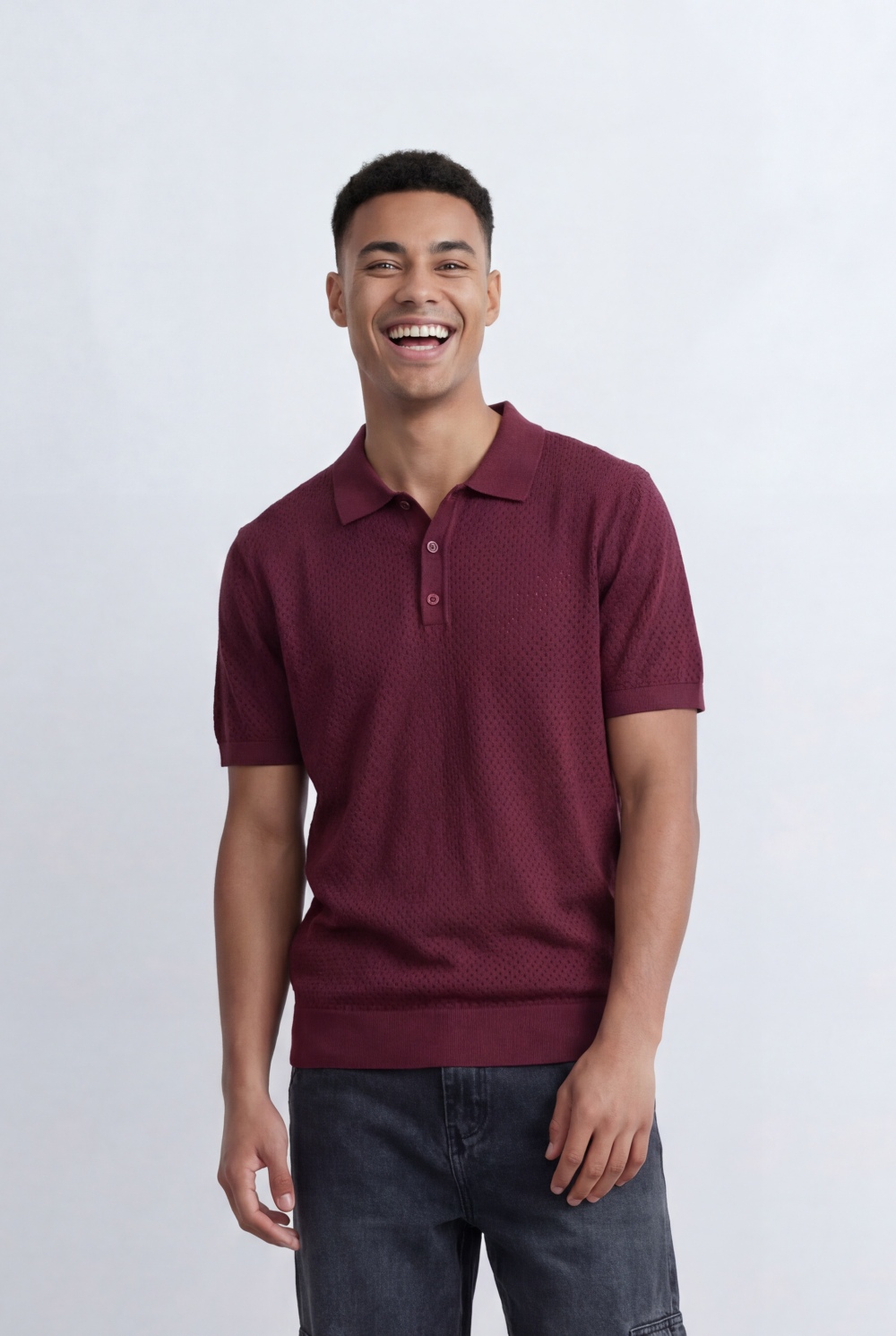 Men’s Tomato Store Knit Polo All Over Perforated Texture Button Placket Design Slim Fit T-Shirt